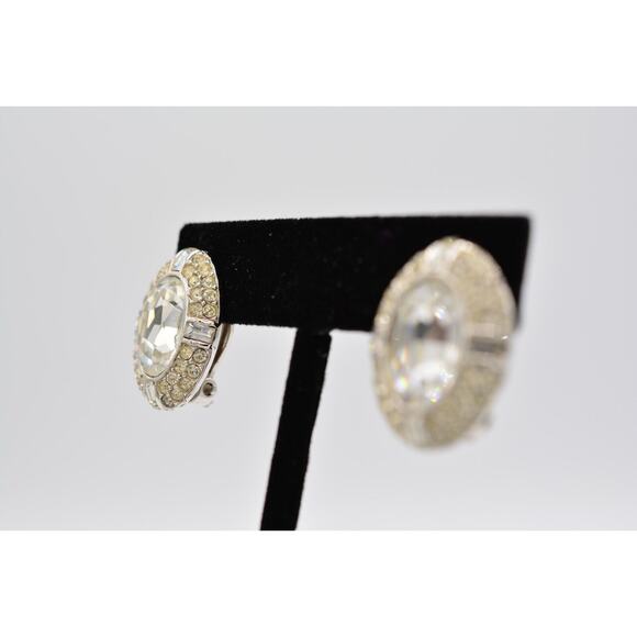Givenchy Crystal Clip Earrings Baguette Rhinestone Oval Silver Tone Signed 9D - Picture 3 of 12